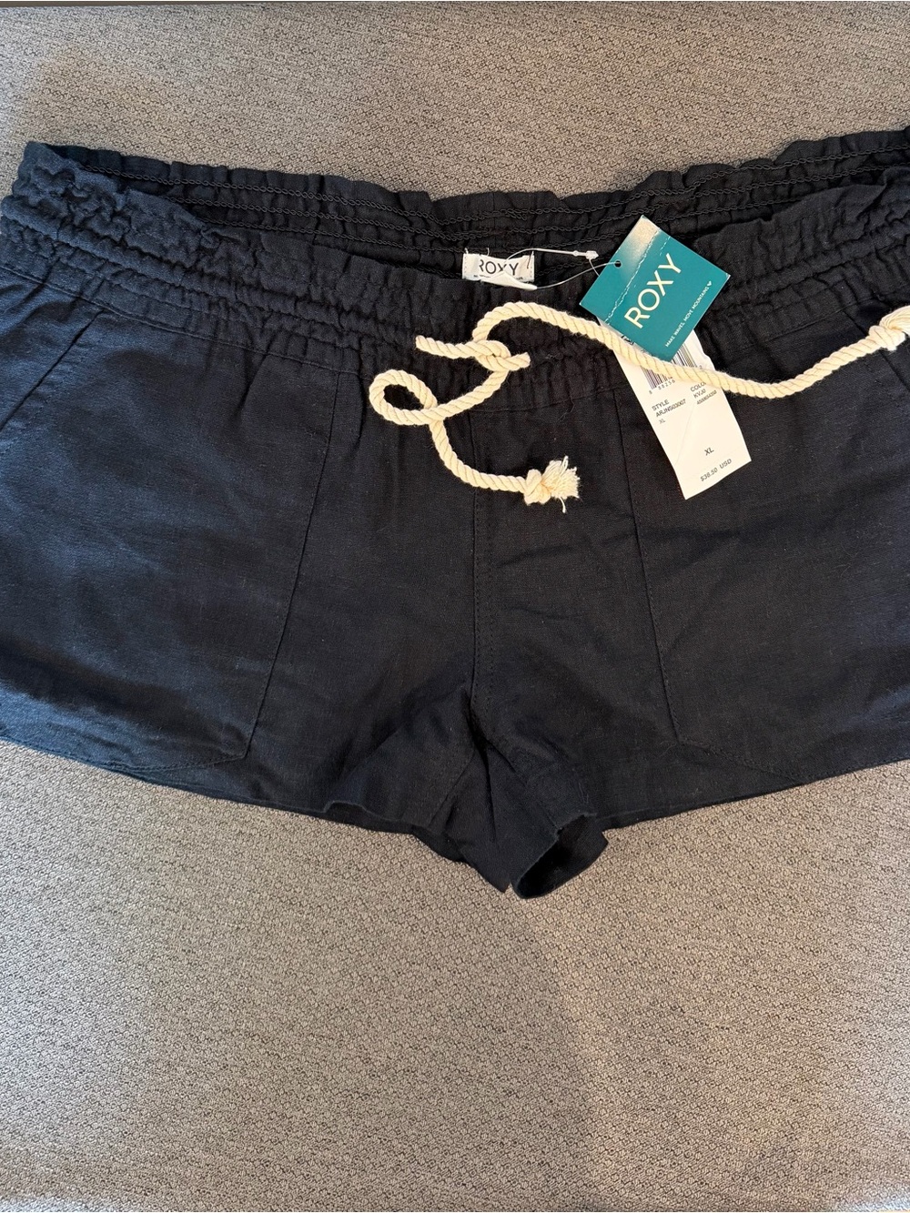 Roxy Oceanside Black Elastic-Waist Beach Shorts with Rope Drawstring